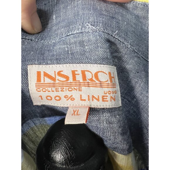 Inserch 100% Linen Plaid Shirt Blue Yellow Long Sleeve Button UP MEN XL - Picture 4 of 8